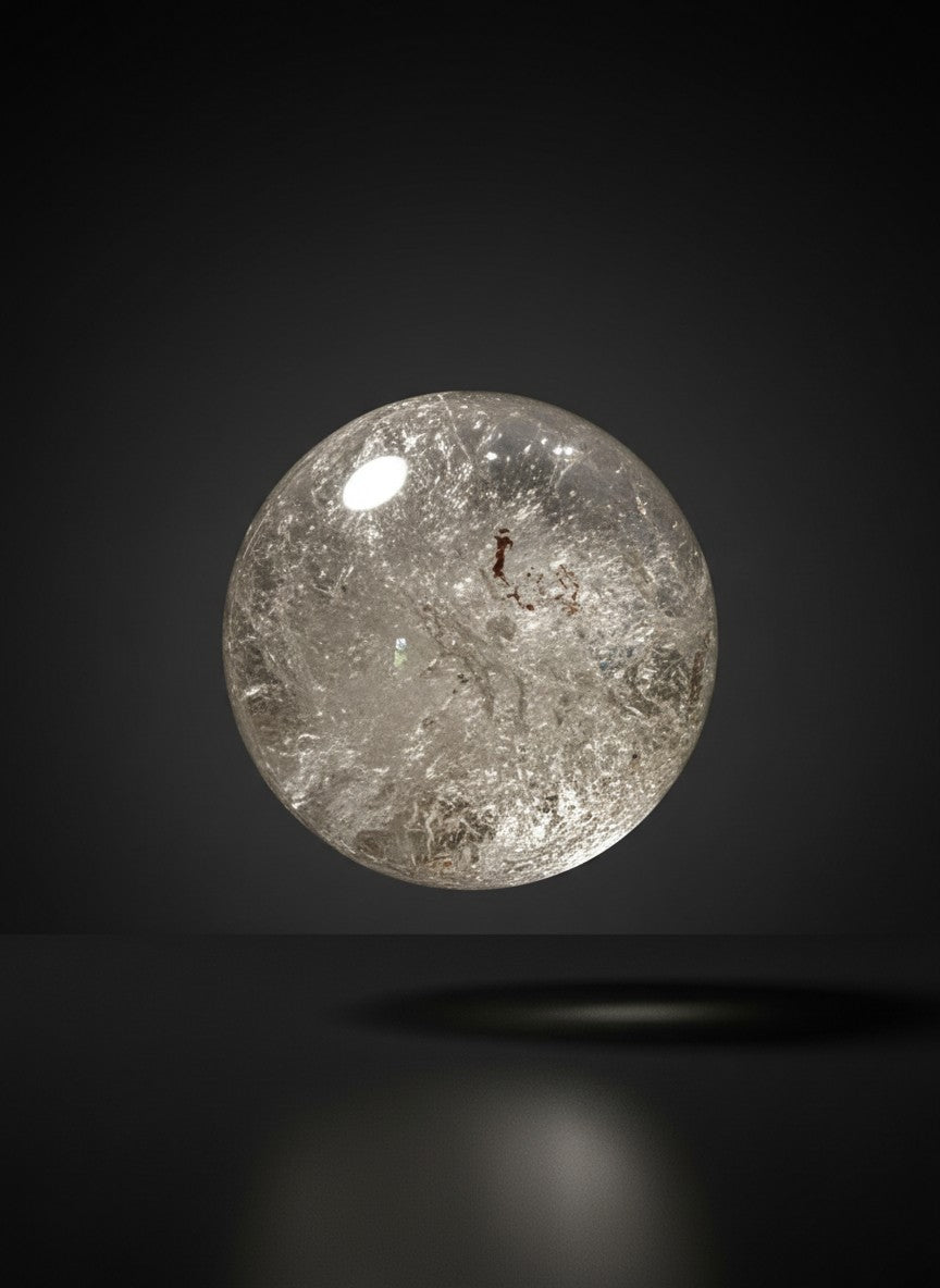 Zebra Industries, LLC collector grade garden quartz sphere with natural iron oxide inclusions on a dark background.