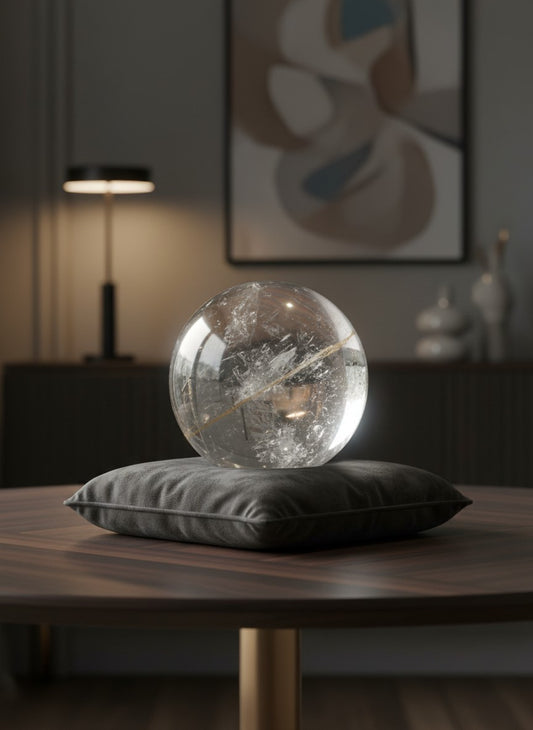 Zebra Industries, LLC large polished garden quartz sphere with natural mineral inclusions on a grey velvet cushion.