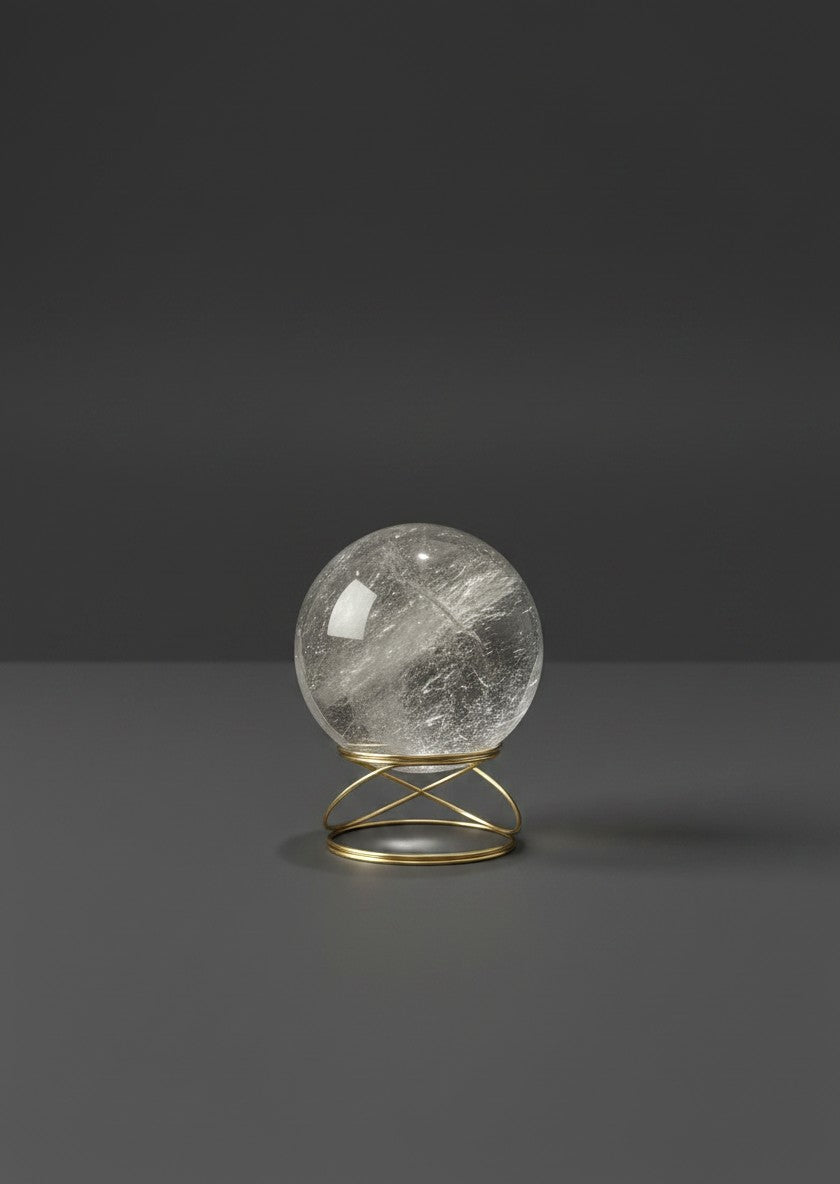 Zebra Industries, LLC 2-inch polished clear garden quartz sphere with natural inclusions on a gold wire display stand.