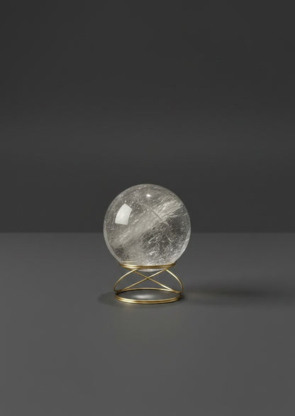Zebra Industries, LLC 2-inch polished clear garden quartz sphere with natural inclusions on a gold wire display stand.
