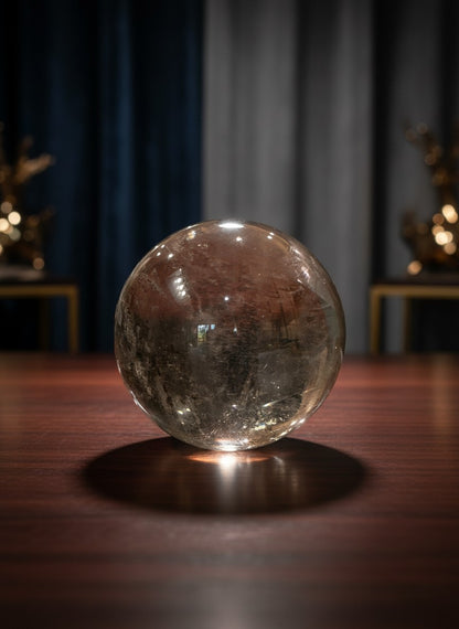 Zebra Industries, LLC collector-grade polished garden quartz sphere with natural inclusions on a wooden table.