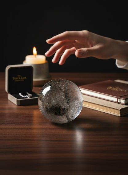 Zebra Industries, LLC collector grade garden quartz sphere with green mineral inclusions on a wooden desk with candle