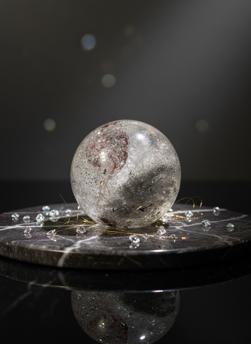 Zebra Industries, LLC collector grade garden quartz sphere with chlorite phantom inclusions on a marble display base.