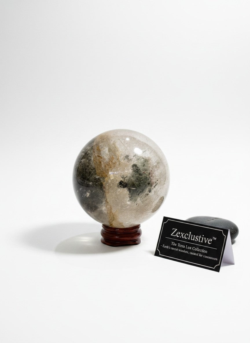 Zebra Industries, LLC polished garden quartz crystal sphere with natural inclusions on a wooden stand.
