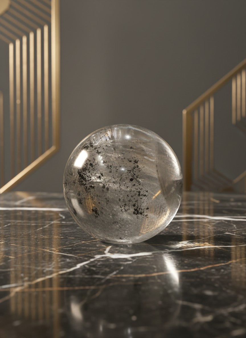 Zebra Industries, LLC large polished garden quartz crystal sphere with dramatic internal inclusions on marble table.