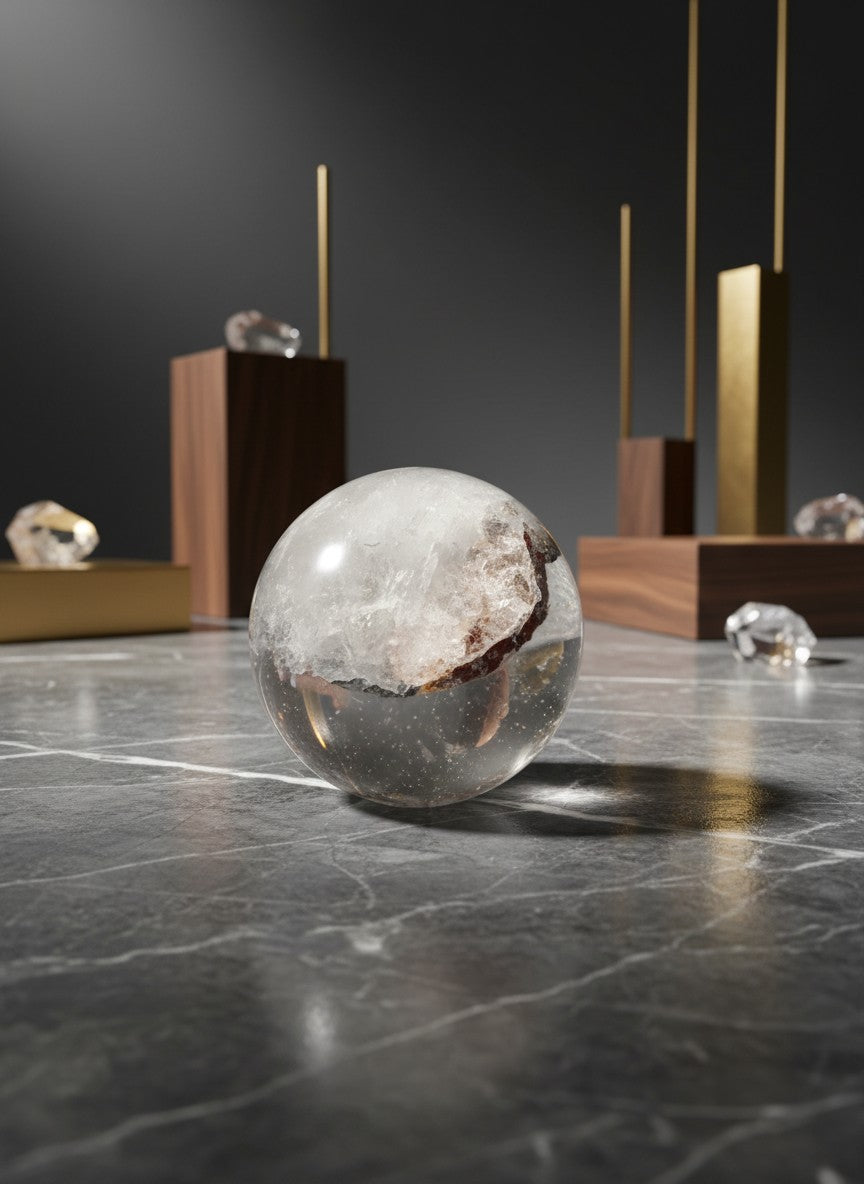 Zebra Industries, LLC collector grade garden quartz sphere with green mineral inclusions on a marble surface.