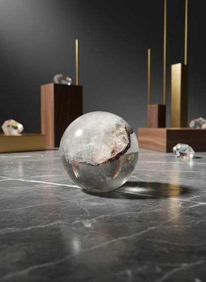 Zebra Industries, LLC collector grade garden quartz sphere with green mineral inclusions on a marble surface.