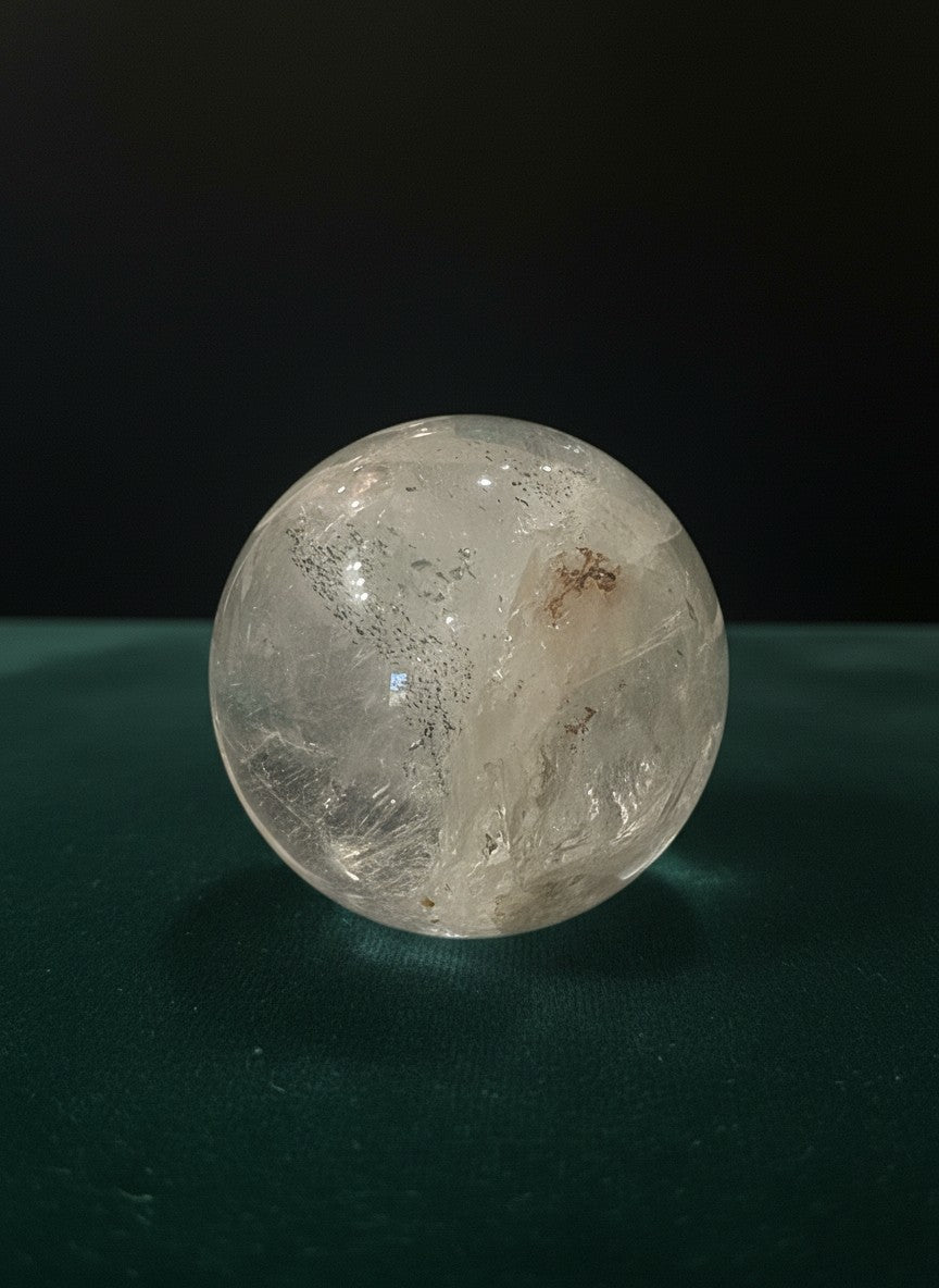 Zebra Industries, LLC collector grade Garden Quartz crystal sphere with natural mineral inclusions on green surface.