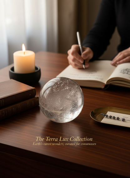 Zebra Industries, LLC polished garden quartz sphere with intricate natural inclusions on a dark wooden desk.