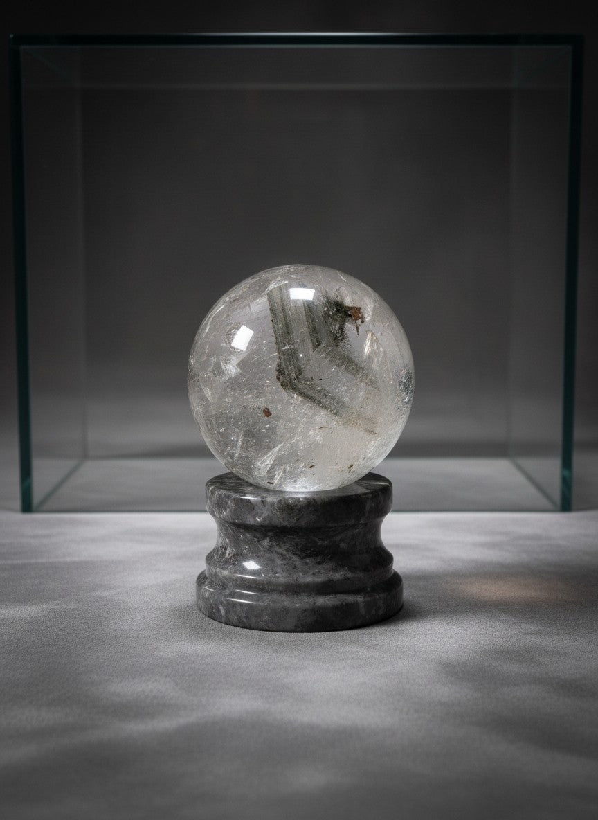 Zebra Industries, LLC collector grade garden quartz polished sphere with green mineral inclusions on a grey stone base.