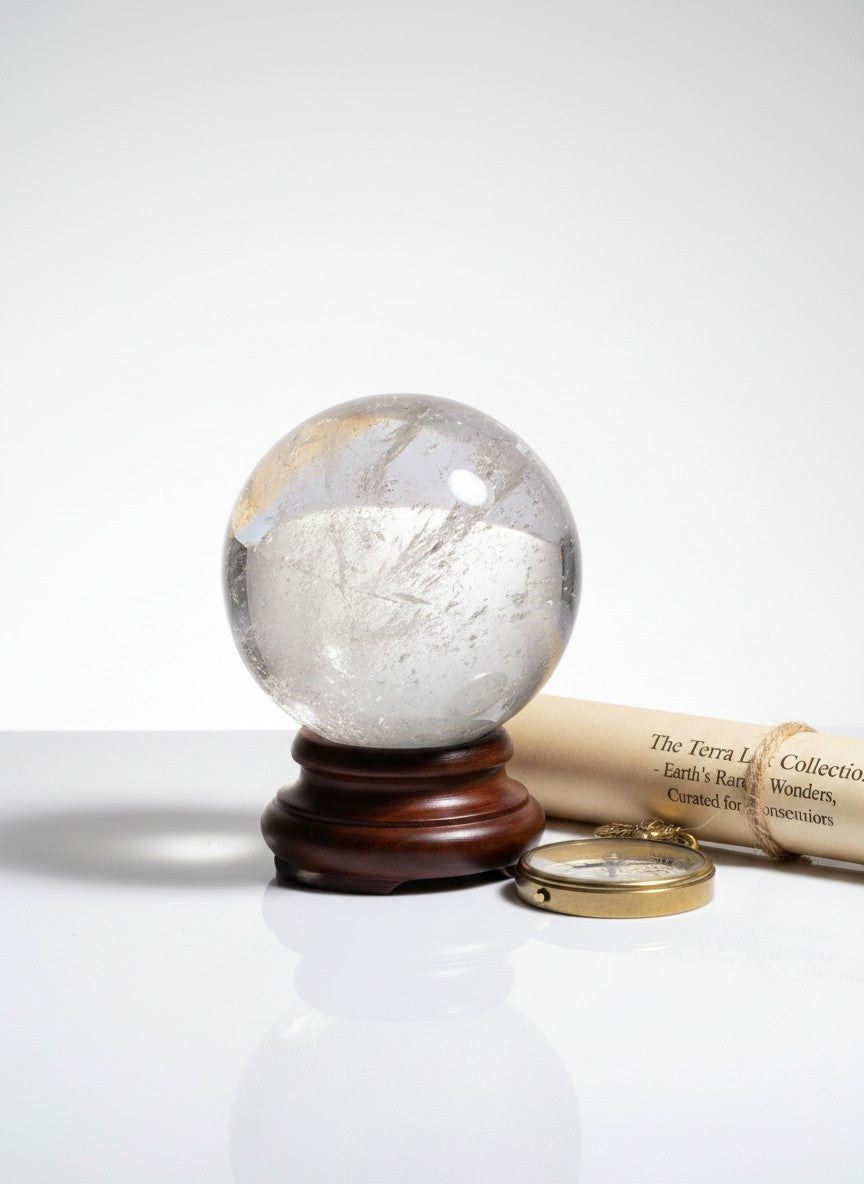 Zebra Industries, LLC collector-grade polished garden quartz sphere on a dark wooden stand with a vintage compass.