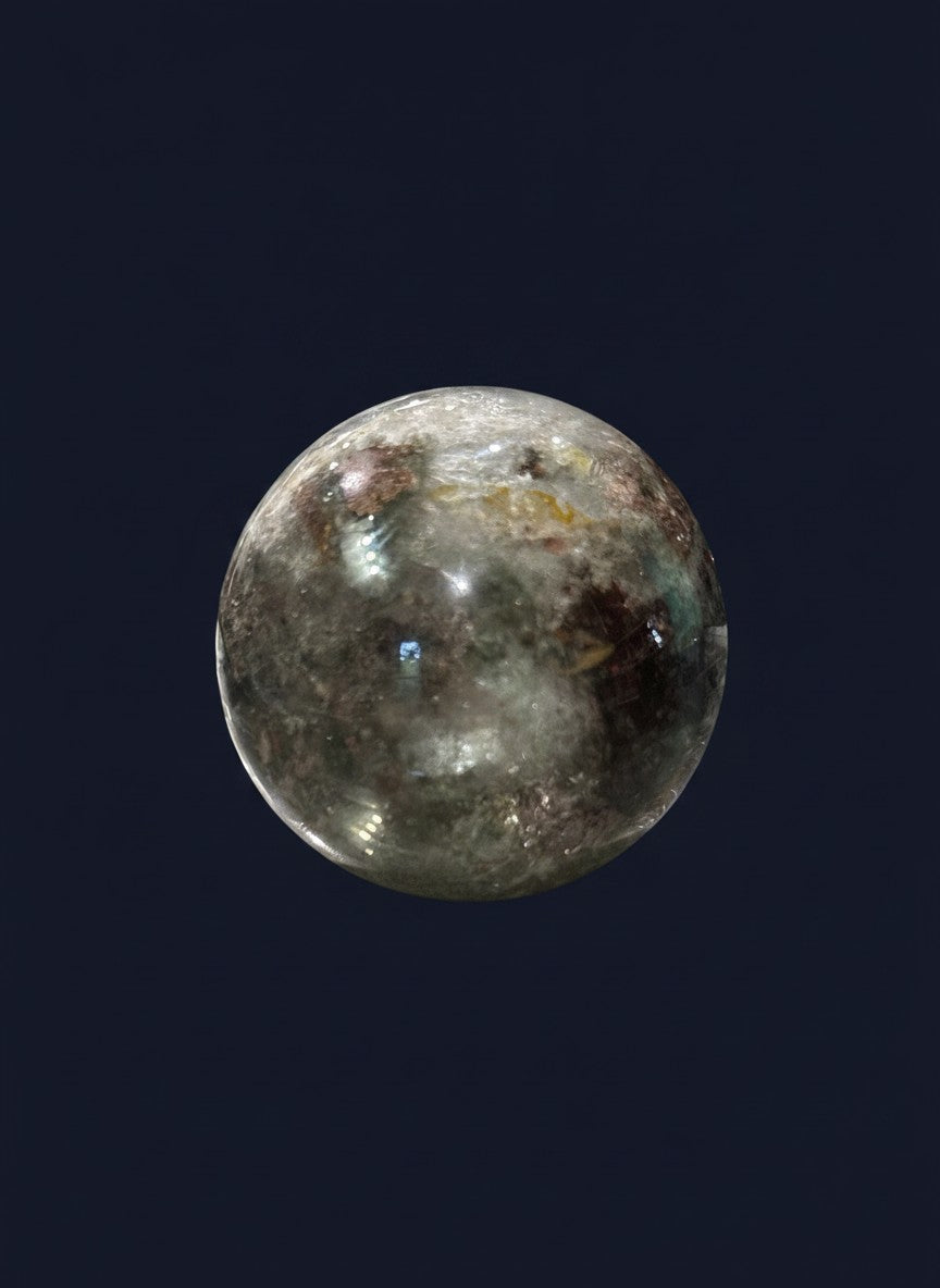 Zebra Industries, LLC collector grade garden quartz sphere with natural green chlorite inclusions and phantom patterns.
