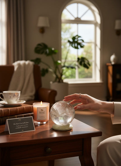 Zebra Industries, LLC garden quartz polished sphere with natural inclusions displayed on a wooden table in a home.