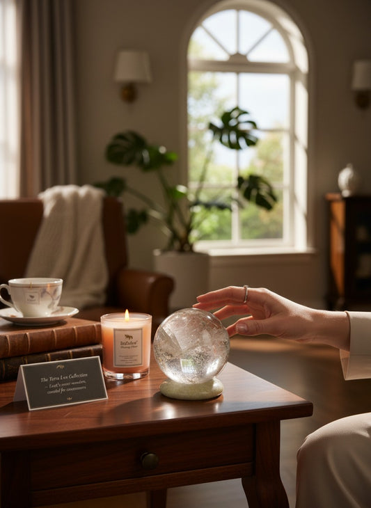 Zebra Industries, LLC garden quartz polished sphere with natural inclusions displayed on a wooden table in a home.