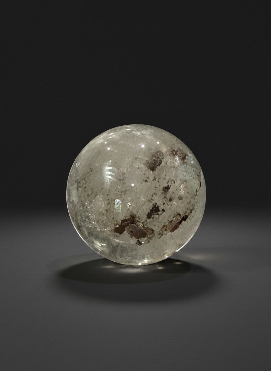 Zebra Industries, LLC garden quartz sphere with hematite inclusions and iron oxide patterns in a clear crystal matrix.