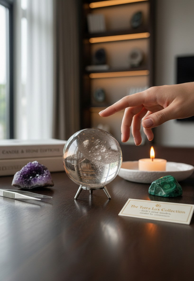 Zebra Industries, LLC collector grade polished garden quartz sphere on a metal stand with hand and candle decor