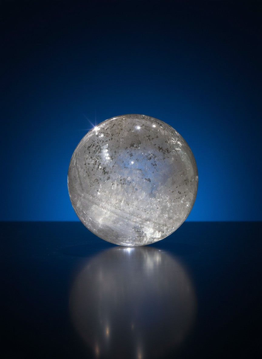 Zebra Industries, LLC collector grade Garden Quartz crystal sphere with natural mineral inclusions on a dark surface.