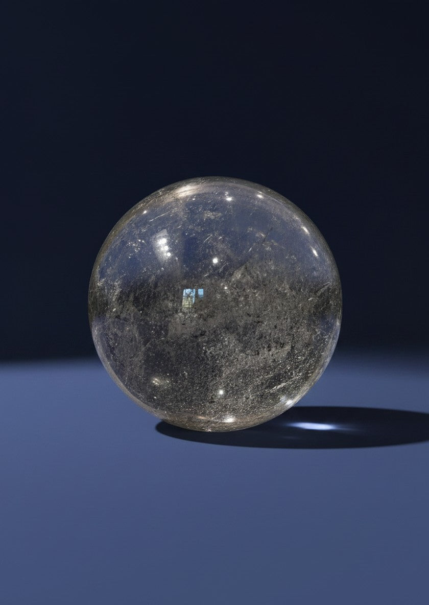 Zebra Industries, LLC polished garden quartz sphere with natural inclusions on a dark blue background