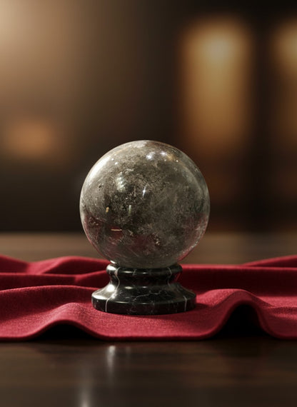 Zebra Industries, LLC collector grade garden quartz sphere with green chlorite inclusions on a dark marble stand.