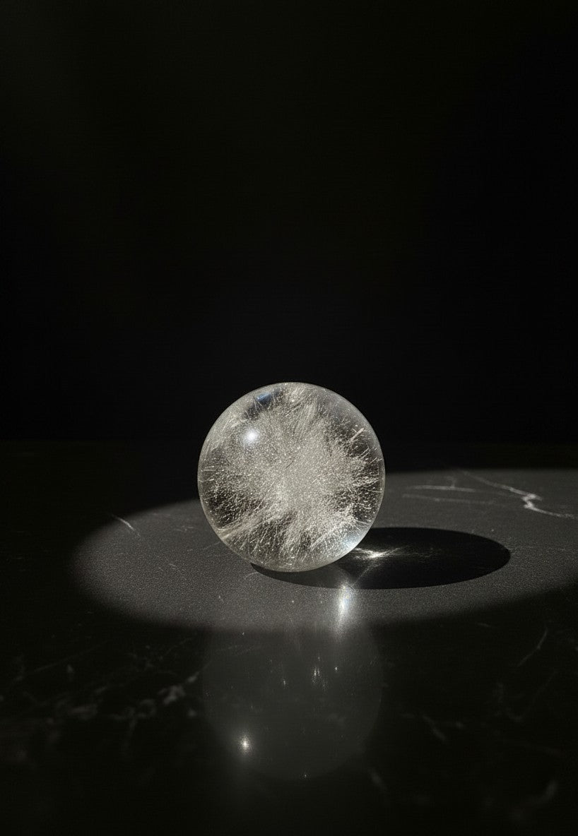 Zebra Industries, LLC polished 2-inch garden quartz sphere with wispy internal inclusions on a dark marble surface.
