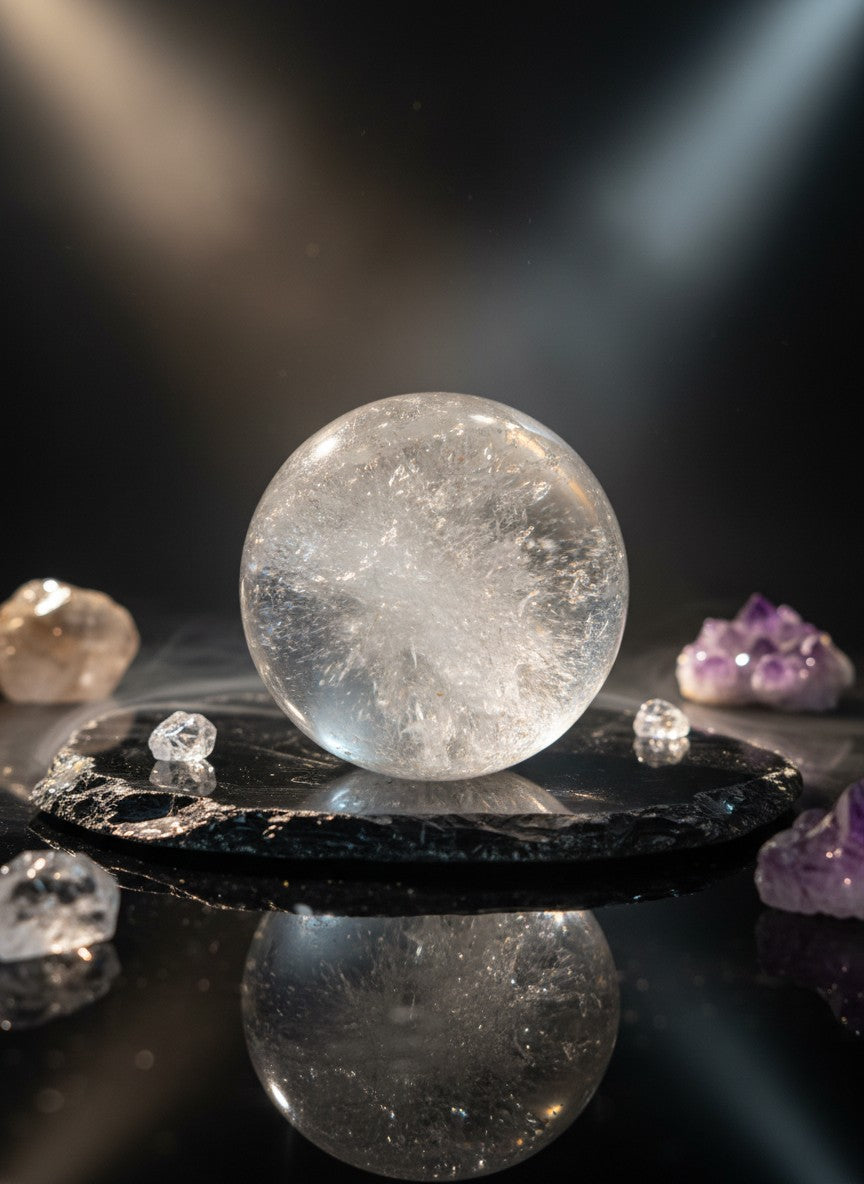 Zebra Industries, LLC collector-grade garden quartz sphere with green chlorite phantom inclusions on a black stone base.