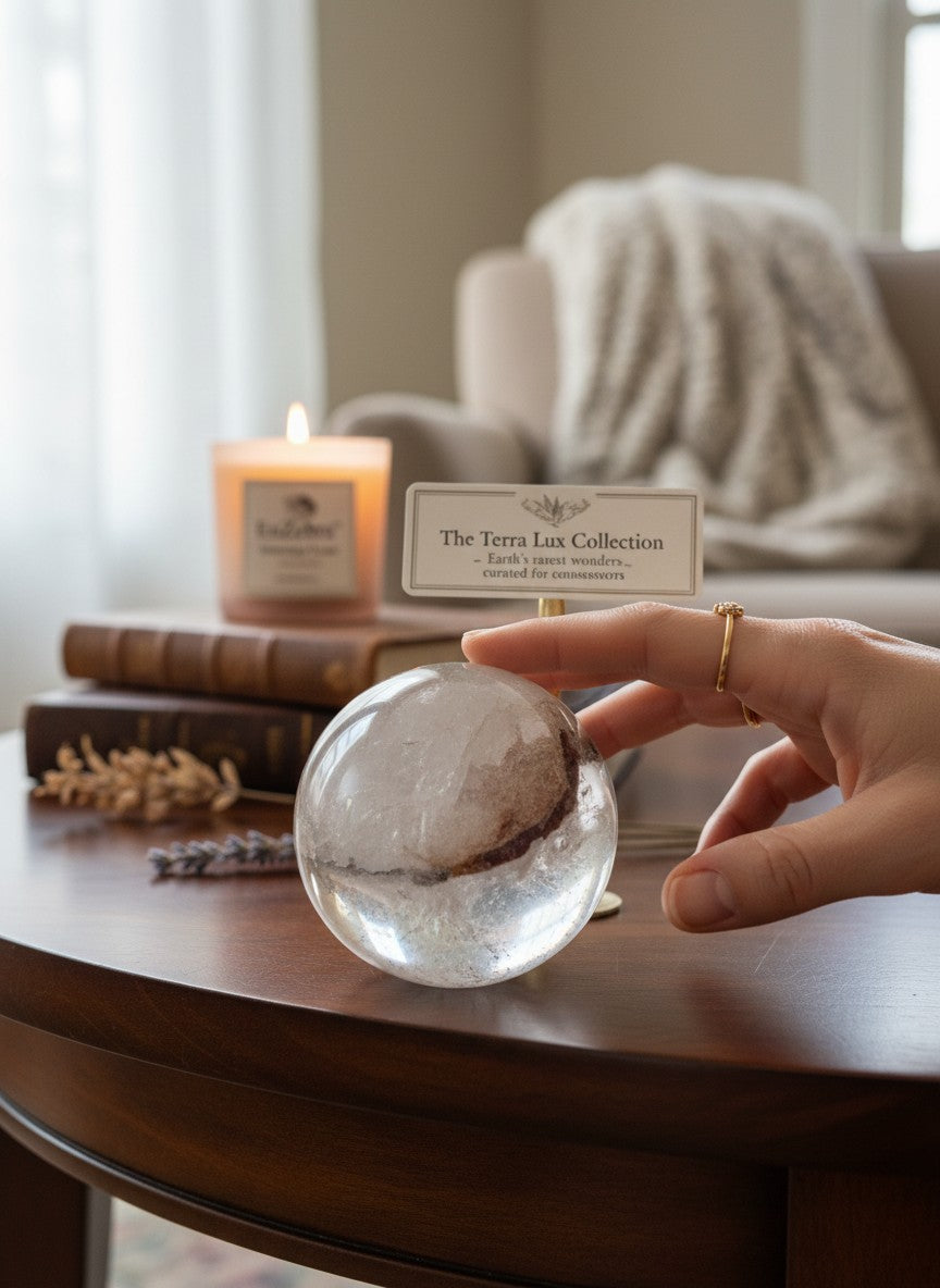 Zebra Industries, LLC collector grade garden quartz sphere with green mineral inclusions on a wooden table.
