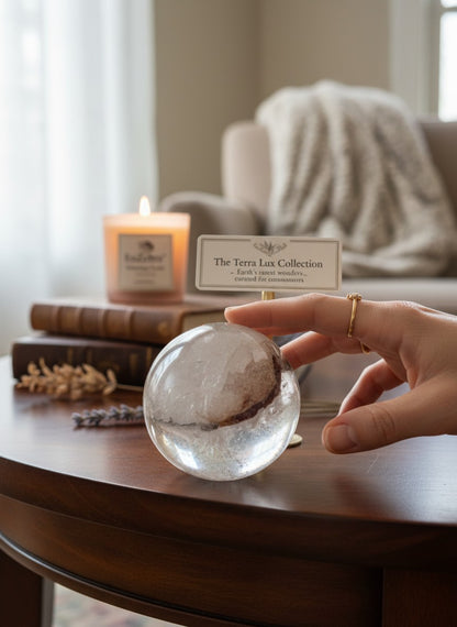 Zebra Industries, LLC collector grade garden quartz sphere with green mineral inclusions on a wooden table.