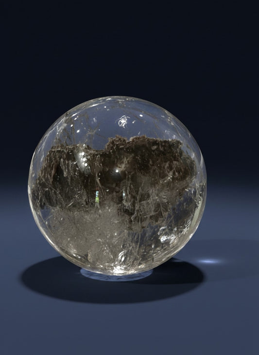 Zebra Industries, LLC polished garden quartz sphere with intricate dark mineral inclusions in clear crystal