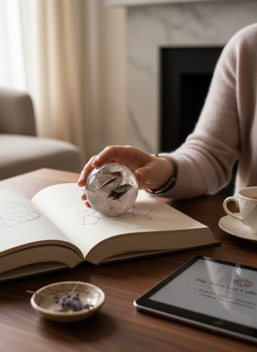 Zebra Industries, LLC garden quartz polished sphere with natural mineral inclusions held over an open book on a desk.