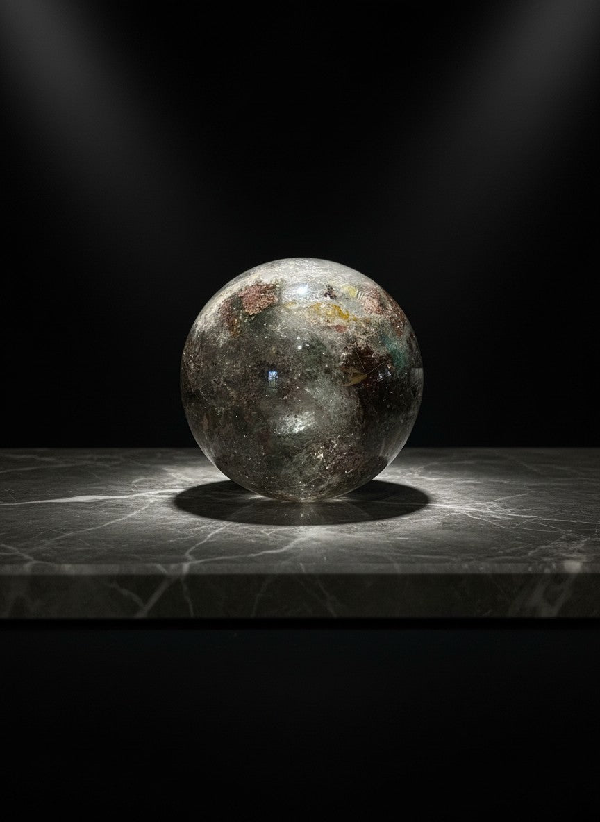 Zebra Industries, LLC garden quartz sphere with green chlorite inclusions and phantom formations on a marble surface.