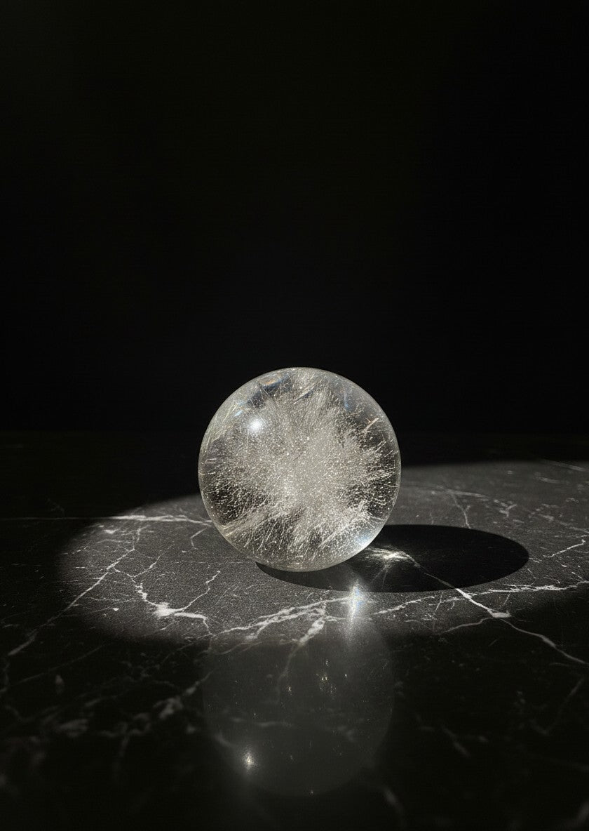 Zebra Industries, LLC 2-inch polished garden quartz sphere with internal inclusions on a black marble surface.