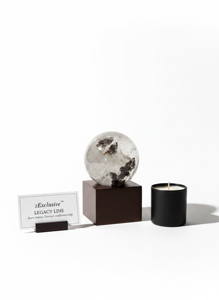 Zebra Industries, LLC collector-grade garden quartz sphere on a wooden stand with a candle and brand display card.