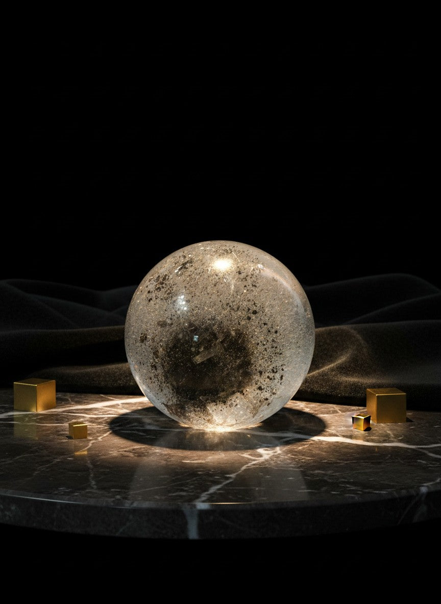 Zebra Industries, LLC collector grade garden quartz sphere with green chlorite phantom inclusions on marble base.
