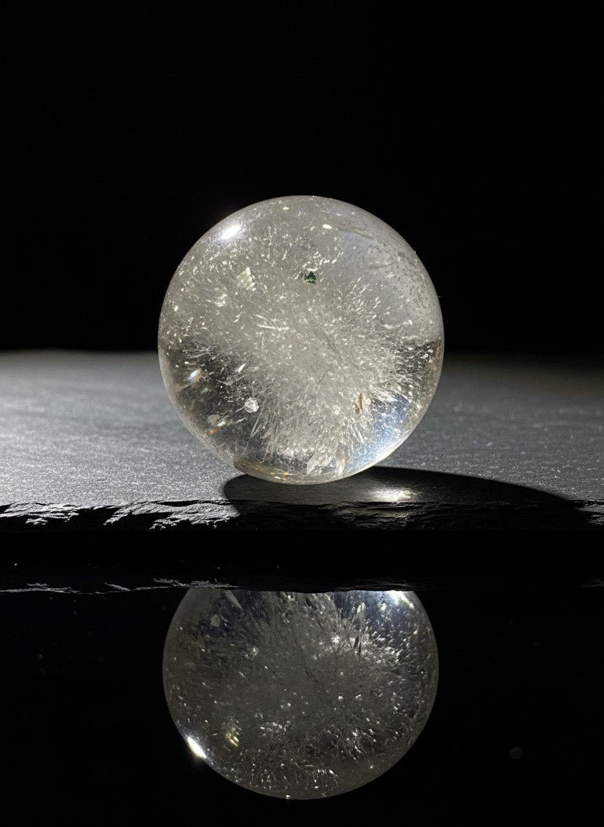 Zebra Industries, LLC collector grade garden quartz sphere with natural iron oxide inclusions on a reflective surface.