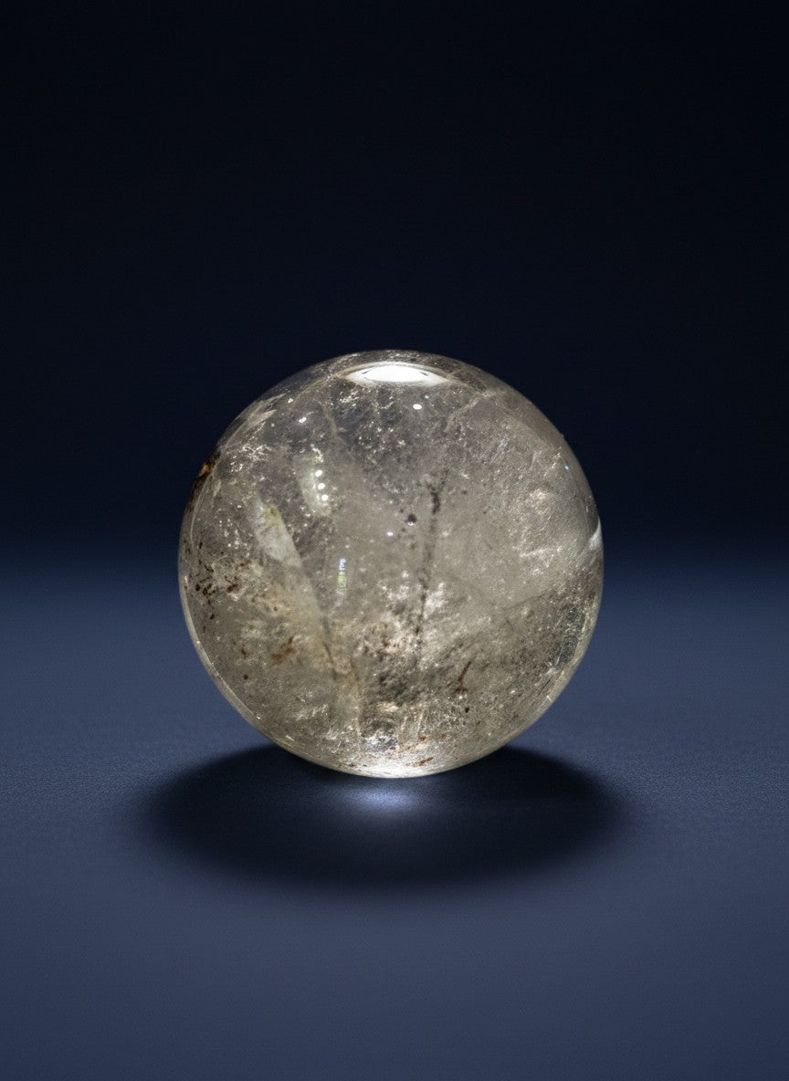 Zebra Industries, LLC polished garden quartz sphere with natural mineral inclusions and clear, smooth finish.