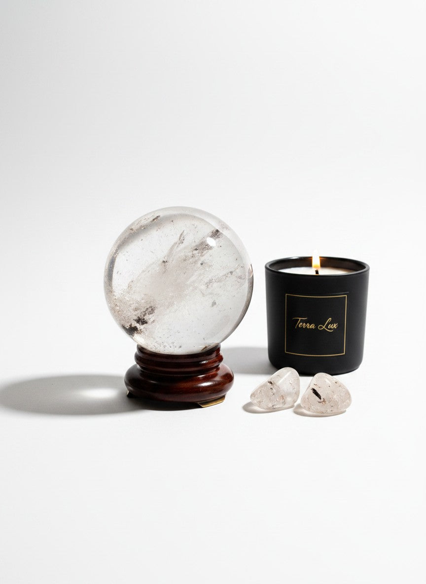 Zebra Industries, LLC garden quartz sphere on a wooden stand next to a lit black candle and two small quartz crystals.