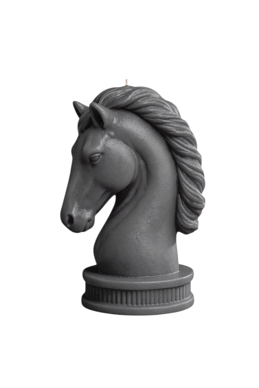 Zebra Industries, LLC handmade grey horse head sculptural candle on a round pedestal base.