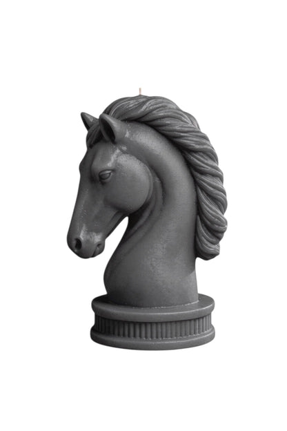 Zebra Industries, LLC handmade grey horse head sculptural candle on a round pedestal base.