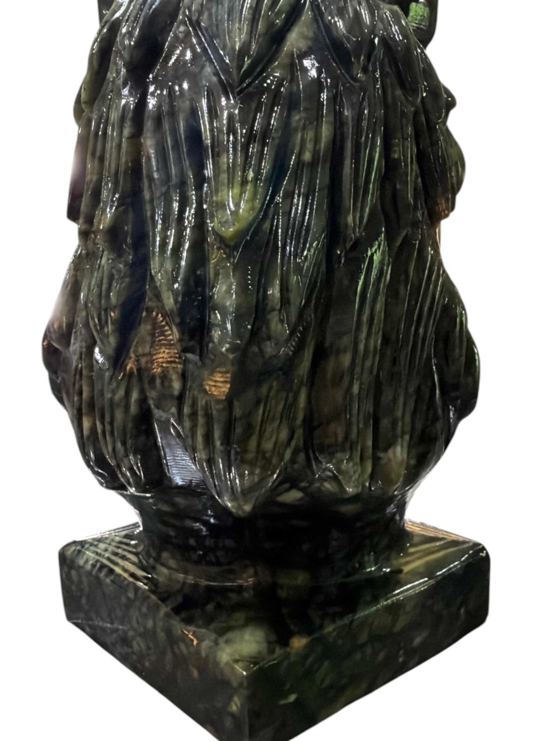 Zebra Industries, LLC handcarved dark green jade sculpture with intricate details on a square base. 8 lbs.