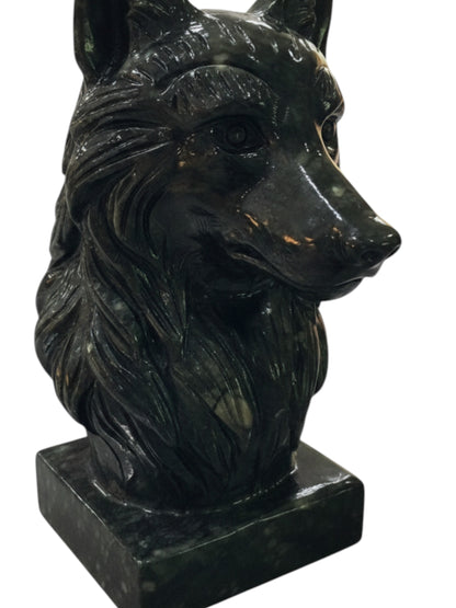 Zebra Industries, LLC handcarved dark green jade wolf sculpture on a square base. Detailed fur and facial features.