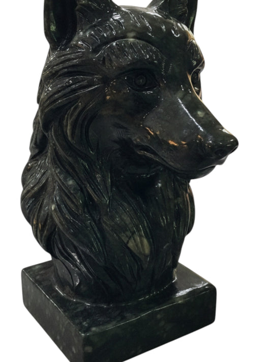 Zebra Industries, LLC handcarved dark green jade wolf sculpture on a square base. Detailed fur and facial features.