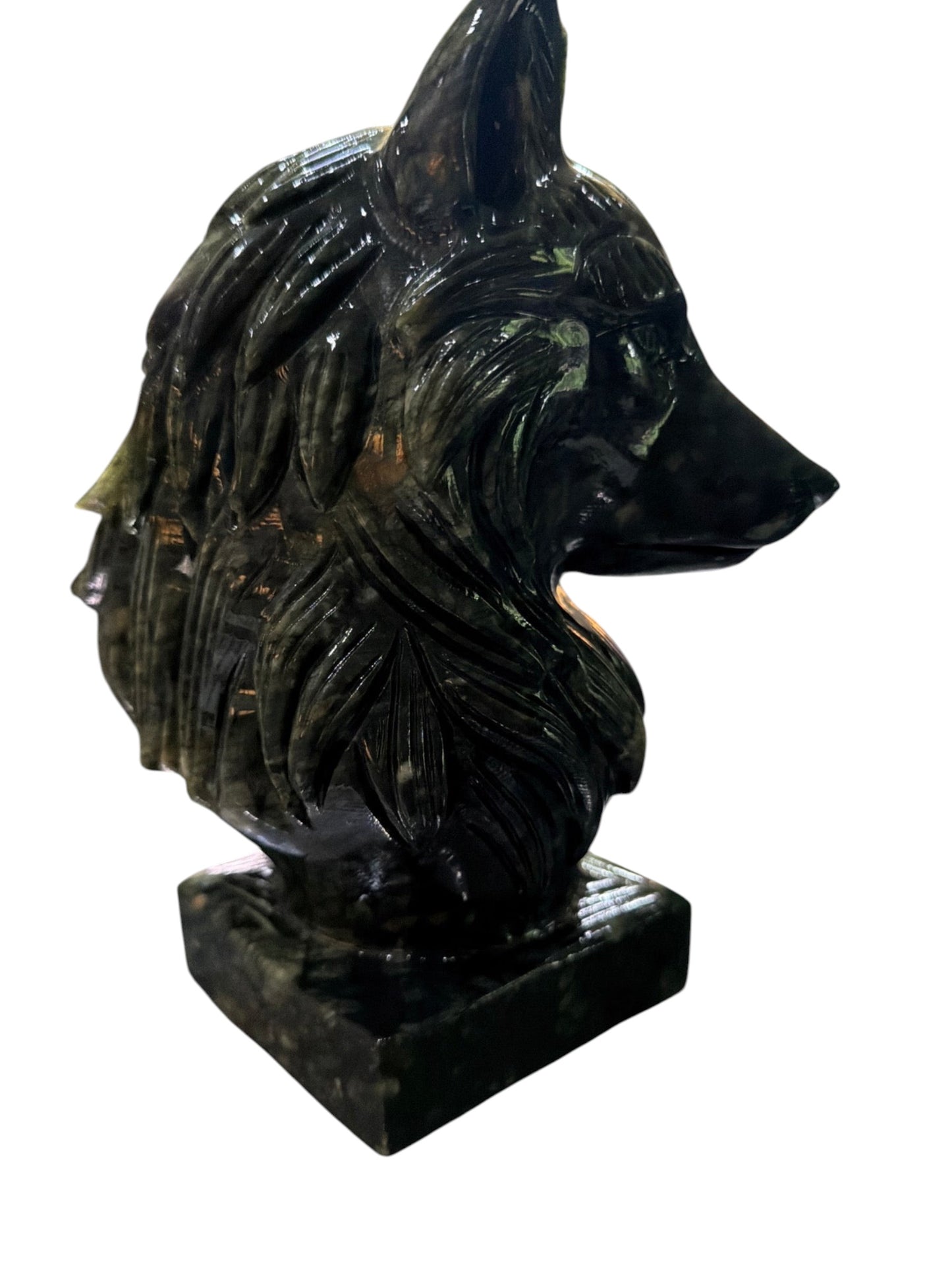 Zebra Industries, LLC handcarved dark green jade wolf head sculpture on a square base. Detailed fur texture.