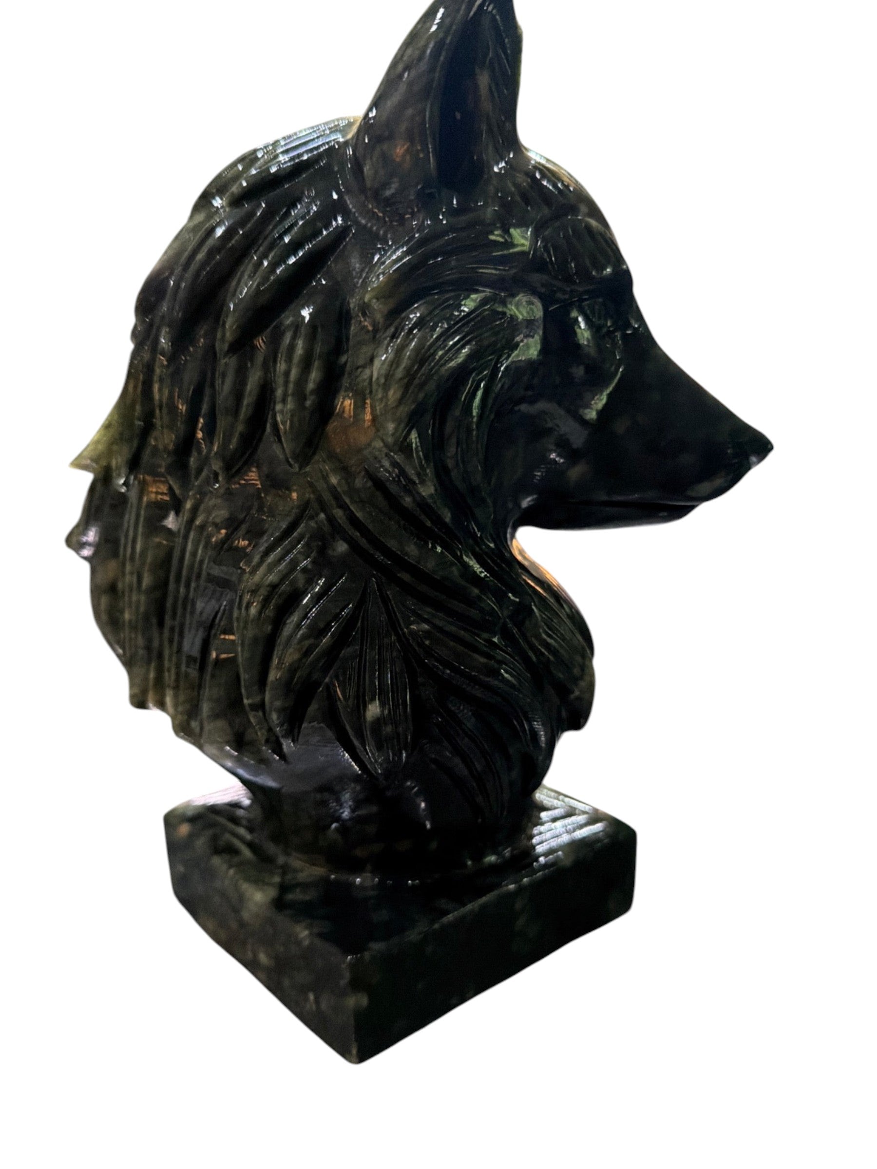 Zebra Industries, LLC handcarved dark green jade wolf head sculpture on a square base. Detailed fur texture.