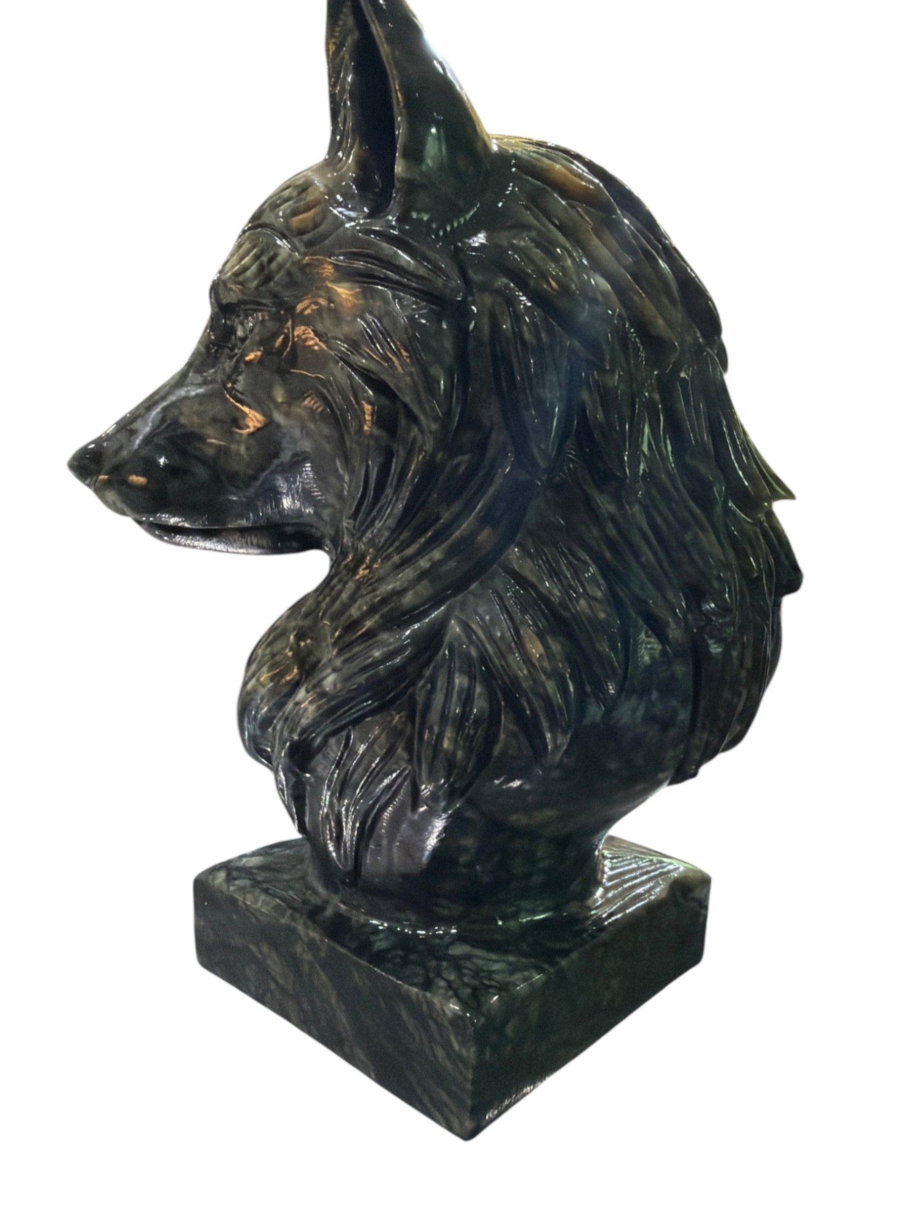 Zebra Industries, LLC handcarved dark green jade wolf head sculpture on a marble base. 8 lbs.
