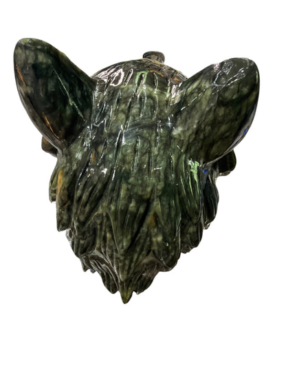 Zebra Industries, LLC handcarved dark green jade sculpture of a wolf's head, 8 lbs