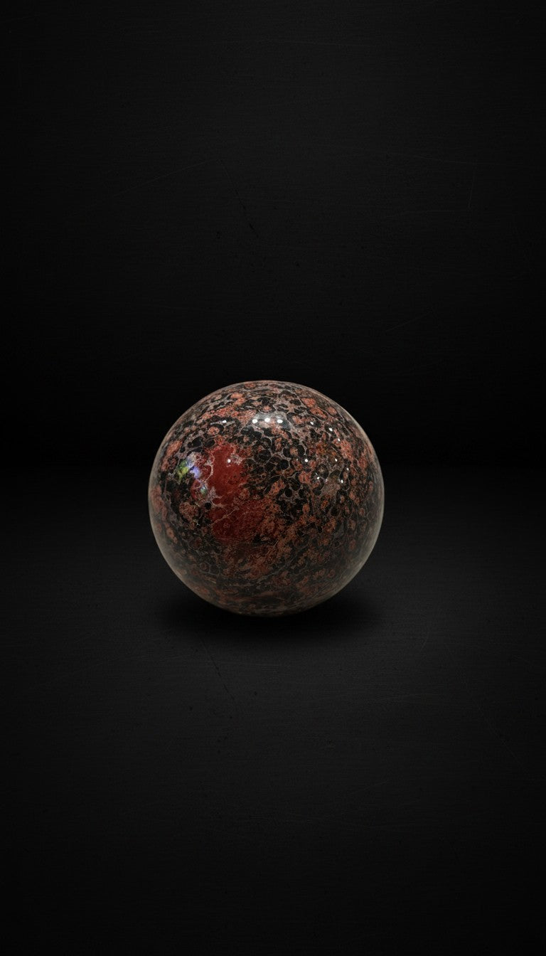 Zebra Industries, LLC polished leopard skin jasper sphere featuring a dark matrix with reddish-tan orbicular inclusions.