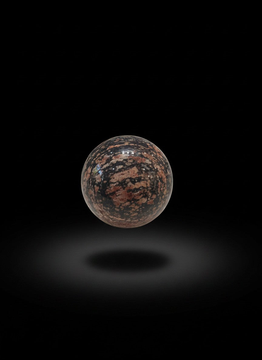 Zebra Industries, LLC polished leopard skin jasper sphere featuring a dark matrix with reddish-tan orbicular inclusions.