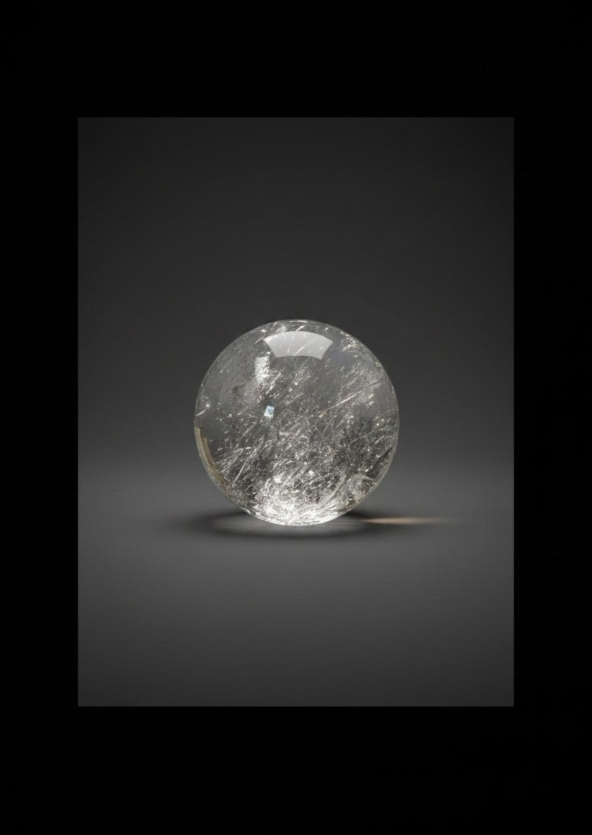 Zebra Industries, LLC polished 2-inch clear garden quartz sphere with natural internal inclusions on a dark background.