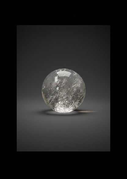 Zebra Industries, LLC polished 2-inch clear garden quartz sphere with natural internal inclusions on a dark background.