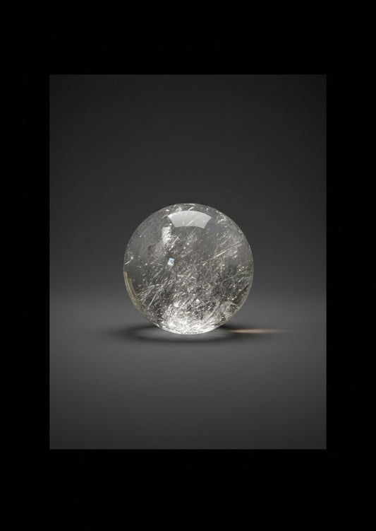 Zebra Industries, LLC polished 2-inch clear garden quartz sphere with natural internal inclusions on a dark background.